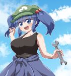  1girl :d alternate_costume bare_arms bare_shoulders black_tank_top blue_eyes blue_hair blue_skirt blue_sky blunt_bangs blush breasts cloud commentary_request green_hat hair_bobbles hair_ornament hat highres holding holding_wrench kawashiro_nitori large_breasts open_mouth outline rokugou_daisuke signature skirt sky smile solo tank_top touhou two_side_up upper_body white_outline wrench 