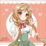  1girl bow bowtie braid cloud_hair_ornament cocoperino gradient_hair grey_skirt holding holding_hair kantai_collection light_brown_hair long_hair looking_at_viewer low_twin_braids minegumo_(kancolle) multicolored_hair one-hour_drawing_challenge pink_background plaid plaid_bow plaid_bowtie red_bow red_bowtie red_eyes shirt skirt solo striped striped_background suspender_skirt suspenders twin_braids white_shirt 
