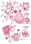  1girl :d afterimage animal_ears arrow_(symbol) ball bow chibi closed_eyes commentary_request ear_bow ears_down flower-shaped_pupils hair_intakes hairband hand_net haru_urara_(umamusume) highres holding holding_ball horse_ears horse_girl horse_tail jacket moko39_takasora monochrome multiple_views open_clothes open_jacket pink_theme pleated_skirt ponytail shirt shoes skirt smile standing stiff_tail symbol-shaped_pupils tail translation_request trembling umamusume v-shaped_eyebrows white_background 