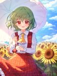  1girl artist_name ascot blue_sky blush cloud collared_shirt field flower flower_field frilled_shirt frilled_skirt frills green_hair highres holding holding_umbrella kazami_yuuka long_sleeves nene_man outdoors plaid_clothes plaid_skirt plaid_vest red_eyes red_skirt red_vest shirt short_hair skirt skirt_set sky smile solo sunflower sunflower_field touhou twitter_username umbrella vest white_umbrella yellow_ascot 