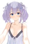  1girl alternate_costume amairo_islenauts armpit_crease backlighting bare_shoulders blue_eyes blue_hair blunt_bangs blush bow breasts breasts_apart butterfly_hair_ornament camisole closed_mouth collarbone commentary hair_between_eyes hair_bow hair_ornament hair_ribbon highres looking_at_viewer medium_hair ribbon shiraga_airi sidelocks simple_background small_breasts smile solo tft_(tft7822) tsurime twintails upper_body white_background white_bow white_camisole white_ribbon 