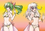  2000s_(style) 2girls bangle bikini blush bow bracelet breasts cleavage commentary_request cowboy_shot dancer dancer_(ragnarok_online) flower gradient_background green_eyes green_hair hair_bow hair_ornament heart heart_hair_ornament high_ponytail jewelry john_(strike-shank) looking_at_viewer medium_breasts multiple_girls navel navel_piercing open_mouth piercing pink_background pink_bow pink_flower ponytail purple_eyes ragnarok_online smile swimsuit white_hair yellow_background yellow_bikini 