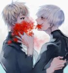  2boys androgynous bangs black_bodysuit black_jacket black_sclera blonde_hair bodysuit colored_sclera commentary_request covered_mouth eye_contact flower flower_in_mouth from_side grey_hair highres jacket kaneki_ken koujima_shikasa long_sleeves looking_at_another male_focus multiple_boys nagachika_hideyoshi red_eyes red_flower short_hair simple_background tears tokyo_ghoul upper_body white_background 