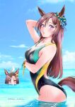  2girls absurdres air_groove_(umamusume) animal_ears animal_on_head bird bird_on_head blue_sky breasts brown_hair cloud commentary_request competition_swimsuit day ear_bow highres horizon horse_ears horse_girl horse_tail long_hair looking_at_viewer medium_breasts mejiro_dober_(umamusume) miki_lutecia multiple_girls ocean on_head one-piece_swimsuit outdoors partially_submerged purple_eyes seagull sky solo_focus swimsuit tail twitter_username umamusume water 