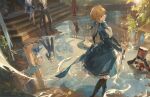  2boys 2girls absurdres archer_(fate) artoria_pendragon_(fate) black_pantyhose blonde_hair blue_dress boots bun_with_braided_base caelus_(honkai:_star_rail) chinese_commentary commentary_request crossover dress excalibur_(fate/stay_night) fate/stay_night fate_(series) grey_hair hand_on_own_hip hands_on_hilt high_heel_boots high_heels highres honkai:_star_rail honkai_(series) march_7th_(honkai:_star_rail) march_7th_(preservation)_(honkai:_star_rail) multiple_boys multiple_girls outdoors paddle pantyhose pink_hair pom-pom_(honkai:_star_rail) reflection reflective_water saber_(fate) solo_focus standing tk_production trailblazer_(honkai:_star_rail) 