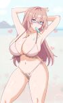  1girl absurdres armpits arms_up beach bikini blue-framed_eyewear blue_sky blush breasts cleavage cloud cloudy_sky collarbone eyebrows_hidden_by_hair food food_in_mouth glasses heart highres jewelry large_breasts looking_at_viewer melting_popsicle mountain necklace ocean pink_bikini pink_hair pink_nails popsicle popsicle_in_mouth purple_eyes sand sky solo standing swimsuit thighs tsukishiro_yanagi twilthero zenless_zone_zero 