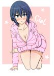  1girl absurdres all_fours bangs barefoot bent_over blue_eyes blue_hair blush border breast_hold breasts character_name ciel_(tsukihime) cleavage collarbone commentary_request highres hood hood_down hoodie kusakabe_fumika long_sleeves looking_at_viewer medium_breasts naked_hoodie official_alternate_costume pajamas parted_lips pink_background pink_hoodie pink_pajamas short_hair sidelocks solo star_(symbol) striped striped_hoodie striped_pajamas tsukihime tsukihime_(remake) white_border zipper zipper_pull_tab 