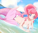  1girl :o absurdres bikini bikini_top blue_eyes blue_sky breasts cloud collarbone commentary_request day hair_bobbles hair_ornament highres kiratto_pri_chan long_hair looking_at_viewer lying medium_breasts mermaid momoyama_mirai monster_girl ocean on_stomach pink_hair ponytail pretty_(series) shell shell_bikini short_hair sky solo sugimura_mickey swimsuit 