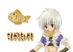  1boy black_shirt brown_eyes brown_gloves closed_mouth coat commentary_request crop_top cropped_jacket food food_in_mouth fur-trimmed_jacket fur_trim gloves grey_hair jacket john_(strike-shank) looking_at_viewer male_focus open_clothes open_jacket purple_coat ragnarok_online shirt short_hair short_sleeves simple_background smile solo stalker_(ragnarok_online) taiyaki translation_request upper_body wagashi white_background 
