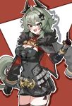  1girl absurdres belt black_choker black_thighhighs blush breasts caesar_king_(zenless_zone_zero) cape choker cleavage eyebrows_hidden_by_hair fur-trimmed_cape fur_trim gloves green_eyes hair_ornament hairclip highres long_hair looking_at_viewer low_ponytail open_mouth ponytail red_background rieana smile solo spiked_hair standing teeth thighhighs thighs turtleneck upper_teeth_only very_long_hair white_background yellow_eyes zenless_zone_zero 