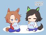 2girls animal_ears bandaid bandaid_on_cheek bandaid_on_face biwa_hayahide_(umamusume) black_hair blue_background blue_eyes blue_pants blush brown_hair chibi chibi_only closed_eyes commentary_request ear_ribbon full_body gomashio_(goma_feet) green_ribbon hood hood_down hoodie horse_ears horse_girl horse_tail indian_style jitome long_sleeves multiple_girls narita_taishin_(umamusume) no_mouth pants red_hoodie ribbon shirt short_hair sitting socks tail translation_request umamusume white_shirt white_socks yellow_ribbon 