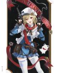  1girl :d bear beret black_gloves blonde_hair commentary_request cowboy_shot dual_wielding fingerless_gloves girls&#039;_frontline girls&#039;_frontline_2:_exilium gloves gun hands_up hat hat_feather highres holding long_sleeves looking_at_viewer medium_hair nagant_(girls&#039;_frontline_2) nagant_m1895 nagant_revolver_(girls&#039;_frontline) open_mouth red_eyes red_ribbon red_scarf revolver ribbon scarf simple_background smile smoke smoking_barrel solo standing thighhighs vvv_rendez weapon white_hat white_thighhighs 