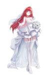  1girl absurdres akane_lize blonde_hair bouquet breasts bridal_veil cleavage clenched_teeth dress elbow_gloves flower garter_straps gloves grey_eyes grin high_heels highres holding holding_bouquet large_breasts long_hair looking_at_viewer mole mole_under_eye multicolored_hair parted_lips red_hair rose rosh_251 simple_background smile solo stellive streaked_hair teeth thighhighs veil virtual_youtuber wedding_dress white_background white_dress white_flower white_gloves white_rose white_thighhighs white_veil 