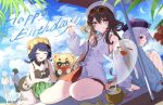  2boys 3girls absurdres animal_hat beach blue_hair blue_hat boo_tao_(genshin_impact) brown_hair chongyun_(genshin_impact) closed_eyes cloud cloudy_sky coconut coconut_cup detached_collar detached_sleeves eating faceless flower-shaped_pupils food fruit genshin_impact ghost guoba_(genshin_impact) happy_birthday hat highres hu_tao_(cherries_snow-laden)_(genshin_impact) hu_tao_(genshin_impact) jacket jacket_on_shoulders long_hair magnet_8_8 male_swimwear multiple_boys multiple_girls nail_polish open_mouth purple_eyes purple_hair qiqi_(genshin_impact) red-tinted_eyewear red_eyes red_nails round_eyewear shirt short_hair sky smile sparkle swim_trunks swimsuit symbol-shaped_pupils tinted_eyewear umbrella v watermelon watermelon_slice white_hat white_shirt white_sleeves xiangling_(genshin_impact) xiangling_(new_year&#039;s_cheer)_(genshin_impact) xingqiu_(genshin_impact) yellow_hat 