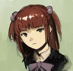  1girl blue_eyes bow bowtie cropped_head green_background hair_bobbles hair_ornament highres kornod looking_at_viewer portrait purple_bow purple_bowtie red_hair solo umineko_no_naku_koro_ni ushiromiya_ange 
