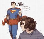  2boys belt black_hair brown_hair cape cosmolonian crossover dc_comics dc_universe_(franchise) holding holding_ice_cream_cone horizontal-striped_clothes ice_cream_cone marvel marvel_cinematic_universe multiple_boys red_cape red_shorts sentry_(marvel) shorts superman superman_(2025) thunderbolts_(movie) 