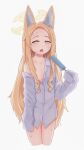  1girl animal_ear_fluff animal_ears blonde_hair blue_archive cross_halo ear_wreath food forehead fox_ears fox_girl gradient_eyes halo highres holding holding_food holding_popsicle hot long_hair looking_at_viewer multicolored_eyes naked_shirt open_mouth popsicle seatollead seia_(blue_archive) shirt sleeves_past_fingers sleeves_past_wrists solo sweat very_long_hair white_shirt yellow_halo 