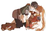 1boy 1girl ahoge armor bike_shorts black_hair blush boots brown_gloves brown_hair cropped_jacket double-parted_bangs eiyuu_densetsu estelle_bright fingerless_gloves full_body gloves hair_between_eyes highres holding_hands joshua_bright long_hair looking_at_viewer pants pauldrons red_eyes shoes short_hair short_sleeves shorts shoulder_armor simple_background single_pauldron sneakers sora_no_kiseki twintails white_background yellow_eyes yurari_forever 
