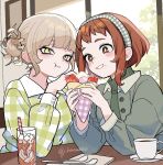  2girls blonde_hair boku_no_hero_academia brown_eyes brown_hair commentary_request cup double_bun dress drinking_straw earrings eating food food_in_mouth food_on_face glass green_hairband green_jacket green_sweater hair_bun hairband highres holding holding_food j_heroaddict jacket jewelry multiple_girls parfait plaid_clothes plaid_dress plaid_hairband planet_earrings spoon sweater teacup toga_himiko turtleneck turtleneck_sweater twitter_username uraraka_ochaco yellow_eyes 