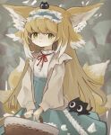  1girl absurdres animal_ears arknights basket black_cat blonde_hair blue_hairband blue_skirt brown_cardigan cardigan cat cowboy_shot forest fox_ears fox_girl fox_tail frilled_hairband frills green_eyes hair_down hairband heixiu high-waist_skirt highres holding holding_basket kitsune long_hair long_sleeves looking_at_viewer luo_xiaohei luo_xiaohei_(cat) luo_xiaohei_zhanji merawo multicolored_hair multiple_tails nature neck_ribbon official_alternate_costume open_cardigan open_clothes red_ribbon ribbon shirt skirt solo streaked_hair suzuran_(arknights) suzuran_(spring_praise)_(arknights) tail very_long_hair white_hair white_shirt 