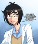  1boy absurdres antenna_hair bags_under_eyes black_hair blue_background blue_shirt brown_eyes brown_sweater coat collared_shirt commentary english_commentary english_text glasses gradient_background highres lab_coat looking_afar male_focus nanosheep_(character) nervous open_clothes open_coat open_mouth original pokemon raised_eyebrows round_eyewear saltyxodium shirt short_hair sidelocks simple_background solo sweat sweater talking teeth tongue upper_body white_coat 
