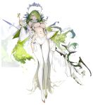  1girl absurdres asymmetrical_bangs blue_eyes breasts bug butterfly butterfly_on_hand cleavage closed_mouth covered_groin flower full_body gold_shoes green_hair groin hair_over_one_eye highres holding holding_staff large_breasts long_hair looking_at_viewer mage_staff navel original pantyhose paringgg revealing_clothes shoes solo staff thigh_gap underboob very_long_hair white_flower white_pantyhose wide_sleeves zoom_layer 