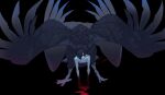  1boy black_background black_hair black_sclera black_wings blood blood_on_ground blood_on_hands centauroid chino_(sky_tanosi) colored_sclera commentary_request feathered_wings full_body hair_over_one_eye highres looking_at_viewer male_focus monster_boy multiple_wings original red_eyes short_hair simple_background solo standing taur wings 