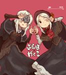  2girls ascot black_dress blindfold bloodborne bonnet brown_capelet capelet closed_mouth commentary_request company_connection dark_souls_(series) dark_souls_iii dress eushima_(sgr) fire_keeper fromsoftware heart heart_hands highres layered_ascot long_hair looking_at_viewer multiple_girls one_eye_closed open_mouth plain_doll red_ascot red_background simple_background standing translation_request v v_over_eye white_hair 