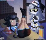 absurd_res accessory bikini black_hair breasts butt clothed clothing crackers_in_bed_pose digital_media_(artwork) disassembly_drone duo female fingers freckles glitch_productions green_eyes grey_hair hair hat hazard_stripes headgear headwear hi_res human humanoid independence_day_(argentina) j_(murder_drones) jackintaro looking_at_viewer machine mammal murder_drones not_furry ribbons robot robot_humanoid screen screen_face smile soccer_uniform sportswear swimwear tail tailed_humanoid tessa_elliott two-piece_swimsuit uniform white_body yellow_eyes
