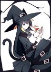  animal animal_ears animal_hat aww_(pixiv4034890) bad_id bad_pixiv_id belt black_belt black_border black_dress black_eyes black_hair border cat_ears cat_hat cat_tail chlomaki dress extra_eyes hair_between_eyes hat hat_with_ears holding holding_animal long_hair long_sleeves oounabara_to_wadanohara shrimp simple_background smile tail white_background witch witch_hat yellow_eyes 
