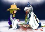  2girls blonde_hair blood blood_from_mouth blood_splatter blue_bow blue_bowtie blue_eyes blue_hat blue_skirt bow bowtie brown_hat commentary_request covering_own_mouth full_body hair_ribbon hat highres japanese_clothes kariginu long_hair long_sleeves looking_at_another medium_hair mononobe_no_futo moriya_suwako multiple_girls open_mouth purple_skirt purple_vest red_ribbon ribbon ribbon-trimmed_sleeves ribbon_trim ritsuzou robe shirt skirt skirt_set smile squatting tate_eboshi touhou vest white_robe white_shirt wide_sleeves yellow_eyes 
