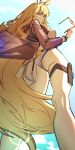  1girl absurdres animal_ears arknights blonde_hair blue_sky from_belw highres holding holding_removed_eyewear horse_ears horse_girl horse_tail jacket kimo_suna long_hair looking_at_viewer looking_down nearl_(arknights) nearl_(shimmering_dew)_(arknights) one-piece_swimsuit orange_eyes purple_jacket sky smile solo swimsuit tail thigh_strap unworn_eyewear white_one-piece_swimsuit 