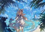  1girl animal_ear_fluff animal_ears beach blonde_hair blue_bow blue_eyes blue_hair blue_ribbon blue_sky blush bow bucket collar collared_dress commentary_request day dress feet_out_of_frame film_grain fins fish_tail floating_hair fluffy_hair frilled_collar frills hair_bow hair_ribbon holding holding_bucket impressionism indie_virtual_youtuber koyamanatsu lighthouse long_hair looking_at_viewer multicolored_hair ocean ok_sign ok_sign_over_eye open_mouth outdoors ribbon sameko_saba sand shark_tail short_dress sky sleeveless sleeveless_dress smile solo standing streaked_hair sunlight tail tree twintails very_long_hair virtual_youtuber white_dress 