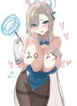  1girl 2025 absurdres animal_ears asuna_(blue_archive) asuna_(bunny)_(blue_archive) asymmetrical_bangs bare_shoulders blonde_hair blue_archive blue_bow blue_bowtie blue_eyes blue_halo blue_leotard blush bodypaint bow bowtie breasts brown_pantyhose cleavage commentary dated detached_collar fake_animal_ears gloves hair_over_one_eye halo hand_on_own_chest heart highleg highleg_leotard highres holding holding_paintbrush large_breasts leotard long_hair looking_at_viewer lvbing official_alternate_costume open_mouth paint_on_body paintbrush pantyhose playboy_bunny rabbit_ears signature simple_background solo standing strapless strapless_leotard thigh_gap thighband_pantyhose traditional_bowtie very_long_hair white_background white_gloves 