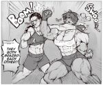  2girls abs absurdres artist_name biceps braid breasts broken_eyewear cleavage clenched_hands cornrows fingerless_gloves glasses gloves highres large_breasts medium_breasts multiple_girls muscular muscular_female norutheze original punching round_eyewear short_hair shorts sound_effects tan tank_top tanlines thick_thighs thighs veins veiny_arms 