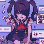  1girl absurdres against_fourth_wall ame-chan_(needy_girl_overdose) black_eyes black_hair blush constricted_pupils cursor diagonal_bangs drugs full_body hair_ornament hair_over_one_eye highres icon_(computing) looking_at_viewer lsd multiple_scars needy_girl_overdose on_ground open_mouth pill pill_bottle pixel_art pointing pointing_at_viewer poking red_shirt scar scar_on_arm screen_zoom seiza self-harm_scar shirt short_twintails sidelocks sitting skirt solo suspender_skirt suspenders twintails uzume_(uzm0) window_(computing) winged_sleeves wrist_cutting x_hair_ornament 