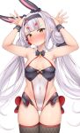  1girl absurdres alternate_costume animal_ears ass_visible_through_thighs azur_lane bare_shoulders black_bow black_bowtie black_hairband black_legwear blush bow bowtie breasts commentary_request covered_navel eyebrows_visible_through_hair hairband hands_up highres lomocya long_hair looking_at_viewer low_twintails nose_blush official_alternate_costume pout rabbit_ears shimakaze_(azur_lane) shimakaze_(fastest_bunny&#039;s_invitation)_(azur_lane) silver_hair simple_background small_breasts solo sweat tears thighhighs thighs twintails very_long_hair white_background yellow_eyes 