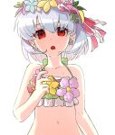  1girl bangs bare_shoulders bikini blush breasts collarbone fate/grand_order fate_(series) flower_wreath green_bikini hair_ribbon head_wreath highres kama_(fate) kama_(swimsuit_avenger)_(fate) looking_at_viewer moai_on navel open_mouth red_eyes ribbon short_hair silver_hair small_breasts solo swimsuit 