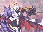  armor blurry blurry_background cape commentary digimon digimon_(creature) green_eyes horns no_humans omegamon red_cape ryo@ shoulder_spikes solo spikes sword twitter_username weapon 