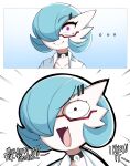  ... 1girl absurdres alternate_color black_choker black_eyes blue_hair bob_cut choker closed_mouth coat collarbone colored_skin commentary constricted_pupils dr._voir_(nanosheep) emphasis_lines english_commentary english_text fang gardevoir glasses hair_ornament hair_over_one_eye hairclip happy highres lab_coat looking_at_viewer mega_stone multiple_views one_eye_covered open_mouth pince-nez pink_eyes pokemon pokemon_(creature) portrait red-framed_eyewear saltyxodium semi-rimless_eyewear shiny_pokemon short_hair skin_fang smile split_mouth talking v-shaped_eyebrows white_coat white_skin 