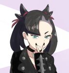  1girl asymmetrical_bangs black_choker black_hair black_jacket black_nails choker closed_mouth earrings fingersmile green_eyes hair_ribbon jacket jewelry marnie_(pokemon) pokemon pokemon_swsh red_ribbon ribbon simple_background single_earring smile solo twintails undercut upper_body v v_over_mouth with_be17 