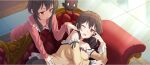  2girls armpit_crease black_cat black_pajamas braid breasts brown_hair cat chomusuke collarbone couch crown_braid detached_sleeves frilled_pajamas frilled_sleeves frills from_above game_cg highres indoors jitome kono_subarashii_sekai_ni_shukufuku_wo! konosuba!_fantastic_days large_breasts leaning_forward light_blush long_hair long_sleeves looking_at_another lying megumin multiple_girls official_alternate_costume official_art on_couch on_side one_eye_closed open_mouth pajamas pink_pajamas red_eyes shade short_hair short_hair_with_long_locks sidelocks sleepy standing sunlight triangle_mouth v-shaped_eyebrows winged_cat wispy_bangs yellow_pajamas yunyun_(konosuba) 