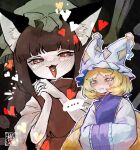  +_+ 2girls animal_ears animal_hat blonde_hair blue_tabard blunt_bangs brown_hair cat_ears cat_tail chen chinese_clothes earrings fox_ears fox_tail frilled_hat frills green_hat hands_in_opposite_sleeves hat heart highres jewelry kitsune mob_cap multiple_girls multiple_tails nekomata own_hands_clasped own_hands_together signature single_earring spoken_heart tabard tail touhou umebitan yakumo_ran yellow_eyes 