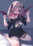  1girl :d animal_print backlighting bare_legs barefoot belt_collar black_shirt blue_ribbon blunt_bangs claw_pose collar collarbone colored_inner_hair drill_hair eyepatch fang full_body grey_hair hair_intakes hair_ribbon heart leg_tattoo long_hair looking_at_viewer makaino_ririmu multicolored_hair nail_polish nijisanji open_mouth pink_eyes pink_hair pointy_ears print_shirt rabbit_print red_collar ribbon shirt short_sleeves sidelocks single_off_shoulder sitting smile solo streaked_hair stuffed_animal stuffed_rabbit stuffed_toy suzuho_hotaru t-shirt tattoo two_side_up virtual_youtuber winged_heart_tattoo 