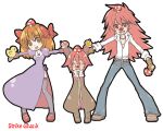  1girl 2000s_(style) 2boys arms_up artist_name baby_animal belt_pouch bird bird_on_hand black_thighhighs blacksmith_(ragnarok_online) blue_pants bow bowtie brown_eyes brown_gloves brown_hair chick closed_eyes coat commentary_request dress drops_(ragnarok_online) family full_body gloves hair_bow heart heart_necklace holding holding_mushroom jewelry john_(strike-shank) juliet_sleeves long_hair long_sleeves looking_at_viewer multicolored_coat multiple_boys mushroom mushroom_on_head necklace open_mouth pants pink_hair poring pouch priest_(ragnarok_online) puffy_sleeves purple_dress ragnarok_online red_bow red_coat red_eyes shirt short_hair side_slit simple_background slime_(creature) smile thighhighs transparent_background two-tone_coat white_bow white_bowtie white_shirt 