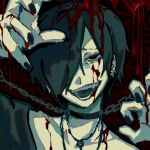  1boy black_eyes blood blood_in_hair blood_on_hands chain chained chino_(sky_tanosi) claw_pose commentary_request ear_piercing fangs green_hair green_shirt hair_over_one_eye jewelry looking_at_viewer male_focus necklace original piercing red_background red_pupils shirt short_hair solo upper_body 