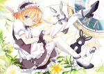  1girl animal_ears anko_(gochiusa) apron back_bow blonde_hair blue_eyes blush bow commentary_request fake_animal_ears fleur_de_lapin_uniform flower frilled_hairband frills from_side gochuumon_wa_usagi_desu_ka? hairband highres kirima_syaro kohakugin leg_up legs looking_at_viewer one_eye_closed puffy_short_sleeves puffy_sleeves putting_on_legwear rabbit rabbit_ears shirt short_hair short_sleeves thighhighs waist_apron white_shirt white_thighhighs wild_geese wrist_cuffs 