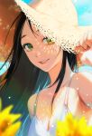  1girl bare_shoulders black_hair blurry blurry_foreground breasts cleavage collarbone commentary_request dappled_sunlight day depth_of_field dress fingernails flower green_eyes hand_up hat large_breasts light_particles long_hair looking_at_viewer on_(onon2659) original outdoors parted_lips sky smile solo straw_hat summer sunlight upper_body very_long_hair white_dress yellow_flower 