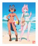  2girls animal_ears ball beach beachball bikini blue_hair blue_sky brand_new_animal cloud day fox_ears fox_girl fox_tail frilled_bikini frills full_body furry furry_female green_bikini green_eyes hiwatashi_nazuna holding holding_ball holding_beachball kagemori_michiru looking_at_viewer michirutnk multiple_girls navel outdoors pink_hair raccoon_ears raccoon_girl raccoon_tail red_bikini red_eyes short_hair sidelocks sky standing swimsuit tail v 