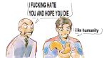  2boys anger_vein angry bald black_hair blue_eyes cape dc_comics dc_universe_(franchise) highres i_fucking_hate_you_and_hope_you_die_(meme) lex_luthor meme multiple_boys necktie red_cape smile squirrel suit superman superman_(2025) tecotit 